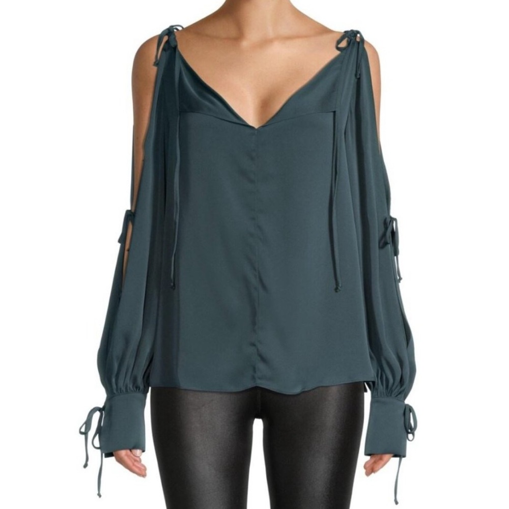Milly Deep Silk Cold-Shoulder Blouse with Tie Sleeves Blue Size P